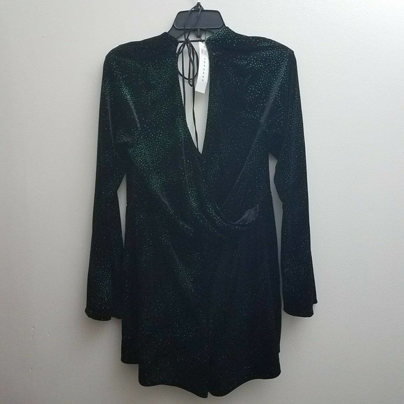 Topshop Romper Shorts Black Green Velvet Long Sleev - Picture 6 of 8